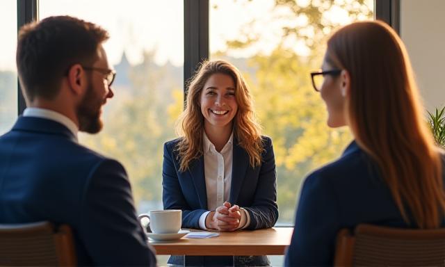 Diverse team interviewing a candidate in a bright boardroom