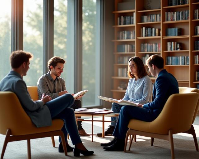 A collaborative workspace filled with books and team members engaging in thoughtful discussion