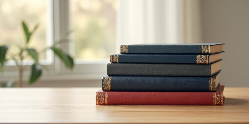 Stacked vintage and modern books on a clean wooden desk with soft natural light