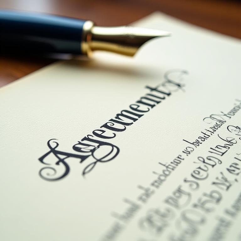 Sophisticated legal document with a fountain pen on an oak desk